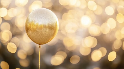 Close-up of a single golden balloon with a bokeh party background, luxurious and elegant event theme