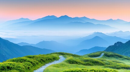 Obraz premium Majestic mountain peaks at dusk panoramic landscape soft light illuminating valleys serene environment