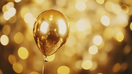 Close-up of a single golden balloon with a bokeh party background, luxurious and elegant event theme