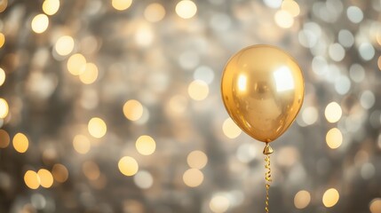 Close-up of a single golden balloon with a bokeh party background, luxurious and elegant event theme