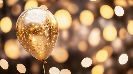 Close-up of a single golden balloon with a bokeh party background, luxurious and elegant event theme