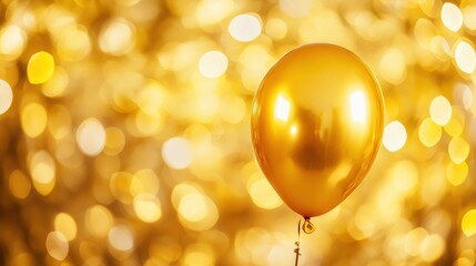 Close-up of a single golden balloon with a bokeh party background, luxurious and elegant event theme