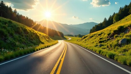 Sun-drenched highway curves through idyllic summer landscape, golden hour, route