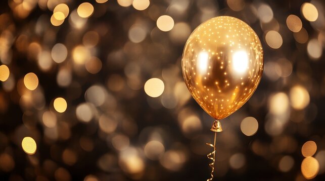 Close-up of a single golden balloon with a bokeh party background, luxurious and elegant event theme