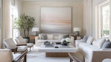 Fototapeta premium Serene Living Room Interior: A sophisticated and calming living room design featuring neutral tones, plush sofas, and a large abstract painting as a focal point.