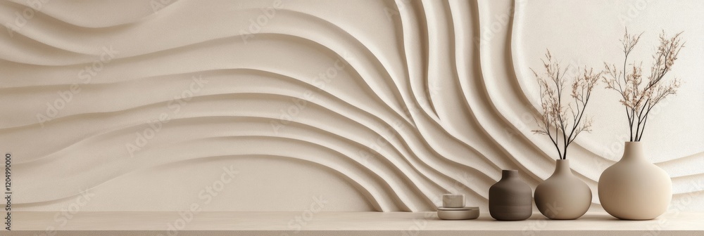 Aufkleber Unique wall with wave patterns decorated with vases and dried flowers in a modern interior setting. Generative AI
