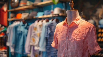 Fototapeta premium Trendy cotton men's shirts displayed on a mannequin in a clothing store, AI generated image