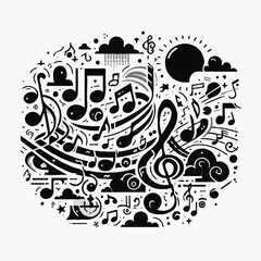 Naklejka premium <Black and White Music Note Illustration: Abstract Pattern Design for Creative Musical Expression>