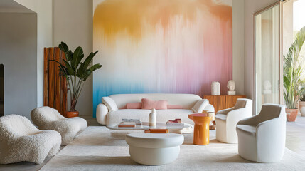 Modern Living Room with Artistic Wall: A contemporary living space features a plush white sofa and accent chairs, an organic-shaped coffee table.