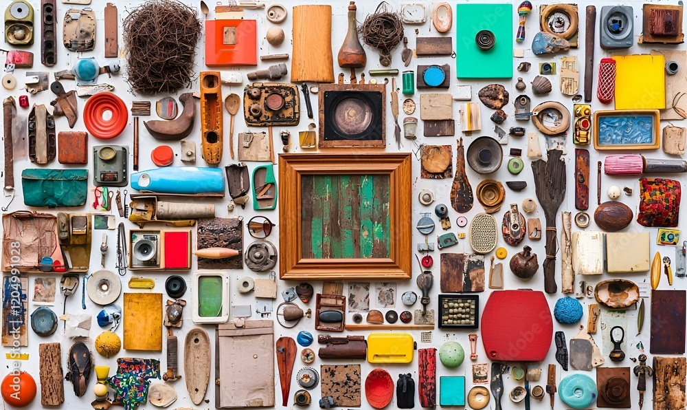 Poster recycled treasures, a vibrant collage showcasing an array of creatively repurposed objects highlight