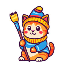 Fototapeta premium Cute Cat Holding Paintbrush with Pastel Colors in Clipart