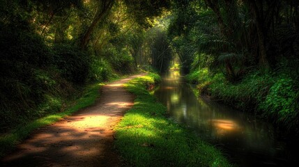 Obraz premium Sunlit path beside tranquil stream, lush forest, tranquility