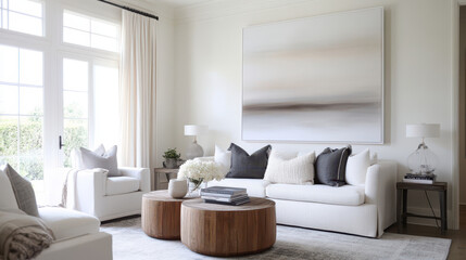 Fototapeta premium Serene Living Room: A minimalist living room design features a calming color palette of whites and neutrals, accented by natural wood coffee tables and plush, grey throw pillows.