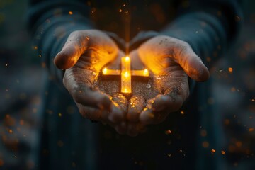 An image of hands holding a glowing holy Jesus Christ cross and the concept of a god helping people