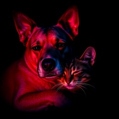 Obraz premium Dog and cat cuddling in red light.