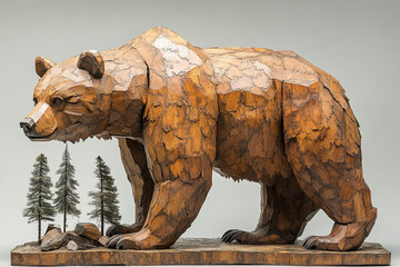 Intricate Wooden Grizzly Bear Sculpture With Trees