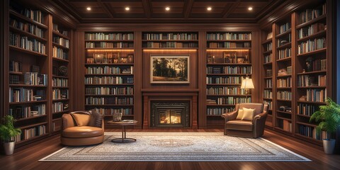 Library room with tall shelves, reading sofa, rug and classic cozy design