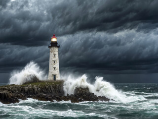 A dramatic photo of a lighthouse standing tall on a rocky outcrop, battered by powerful ocean waves during a fierce storm. The crashing water and dark skies capture nature’s strength and wild beauty.