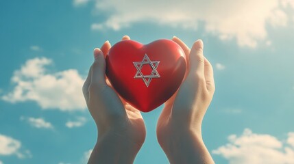 Fototapeta premium religion, christianity, jewish community and charity concept - close up of female hands holding red heart with star of david symbol over blue sky and clouds background