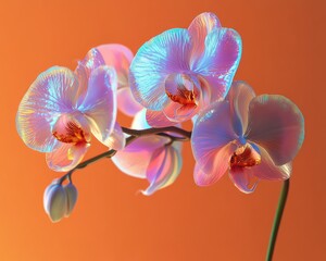 Holographic orchid glowing vividly on a muted orange background