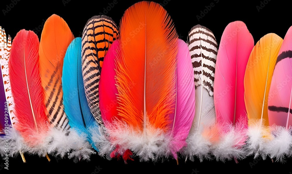 Poster diverse feathers collection, showcasing intricate patterns and colors of various bird feathers, high