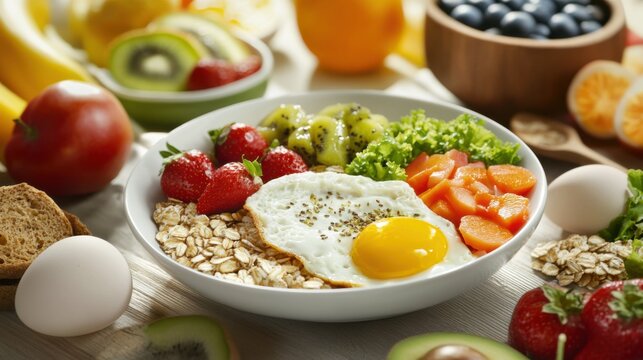 A detailed look at a balanced vegetarian breakfast, featuring eggs, whole grains