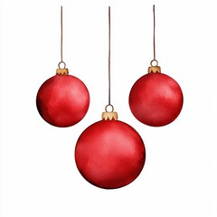 Three Watercolor Red Christmas Ornaments Hanging