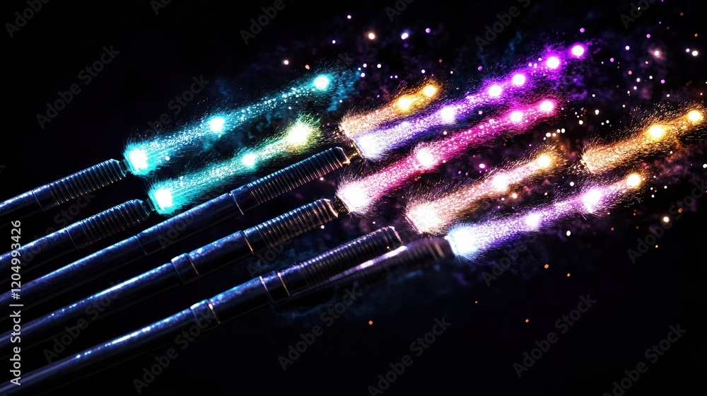 Poster many multicolored fireworks exploding in the sky at night