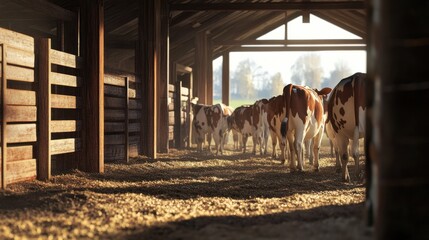 agriculture industry, farming and animal husbandry concept - herd of cows in cowshed on dairy farm