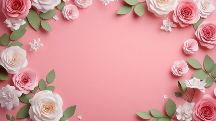 Elegant Floral Frame on Soft Pink Background with Paper Roses, Leaves, and Decorative Elements for Design Projects