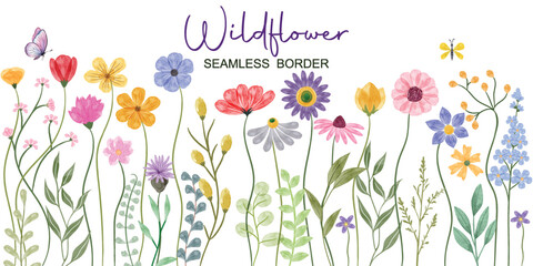 Minimalist Wildflower Illustration - Seamless Watercolor Floral Arrangements With Butterflies