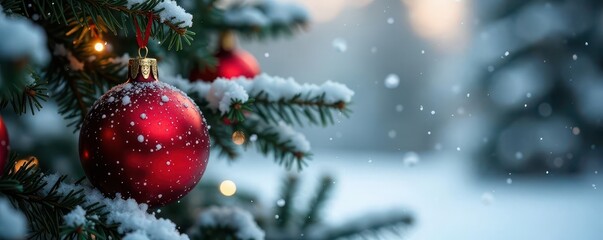 Red ornaments on a Christmas tree are reflected in the stillness of falling snow, evergreen branches, frozen glass