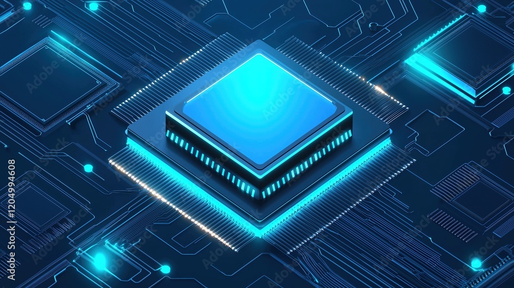 Poster close-up of a futuristic microchip glowing with blue lights on a circuit board, symbolizing advanced