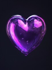 3D illustration of a glowing purple heart shape on a dark background.