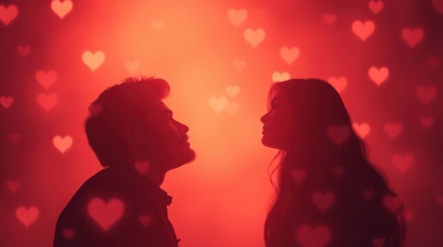 Silhouette of a loving couple dancing, a romantic illustration of two hearts joined in a passionate kiss