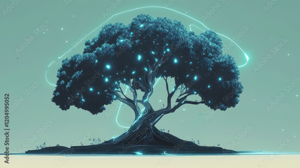 Poster surreal tree with glowing elements on minimalist background