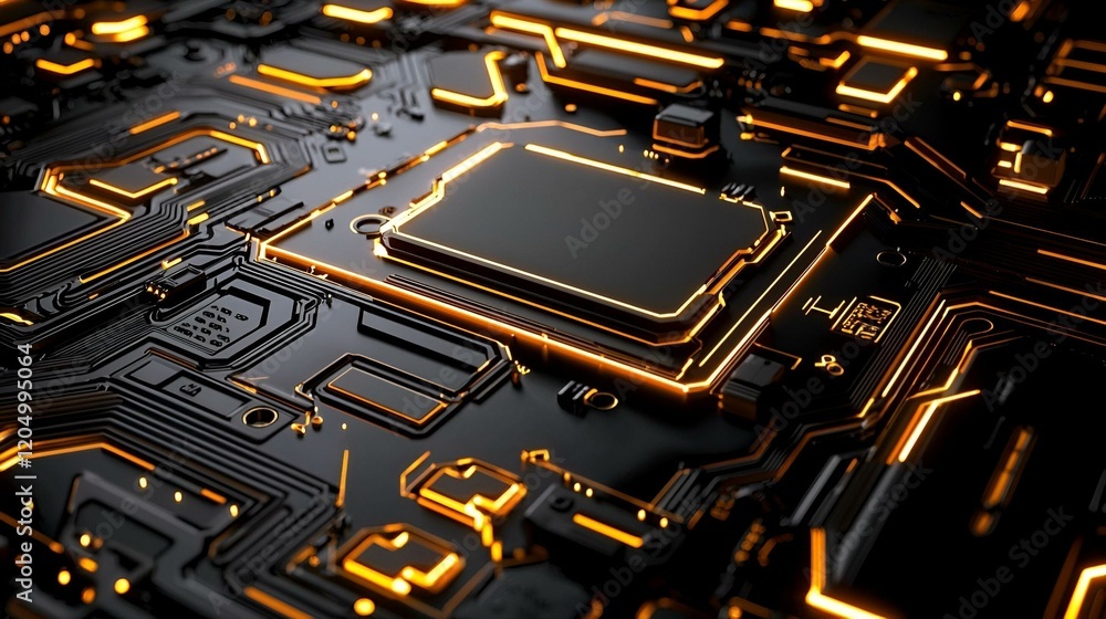 Poster microchip financial fusion, a detailed view of a microchip intertwined with various financial symbol