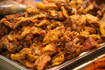 Fried pork rinds at a butcher shop in the Abastos market in Oaxaca, Mexico.