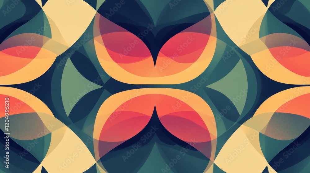 Poster colorful abstract design with overlapping shapes creating a dynamic pattern of warm and cool tones. 