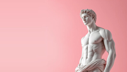 Obraz premium A stunning classical sculpture with deep shadows and striking highlights, set against a pastel pink backdrop. Ideal for art, history, and design themes with ample copyspace.