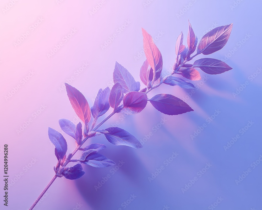 Poster minimal holographic leaf with sharp edges on a plain cyan background