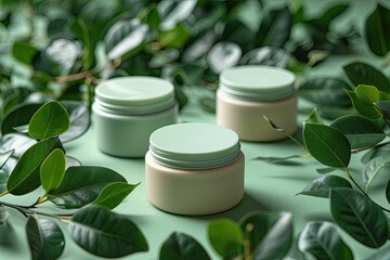 Mockups of minimalist cream jars resting on a vibrant green background surrounded by lush leaves