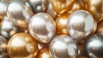 Golden and silver metallic balloons with shiny textures, sophisticated and classy party celebration