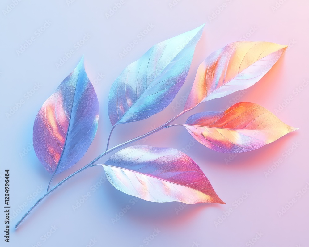 Poster minimal holographic leaf with sharp edges on a plain cyan background