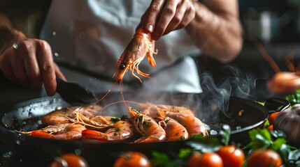 Seafood, Professional cook prepares shrimps with vegetables. Frost in the air, Cooking seafood, healthy vegetarian food.