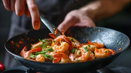 Seafood, Professional cook prepares shrimps with vegetables. Frost in the air, Cooking seafood, healthy vegetarian food.