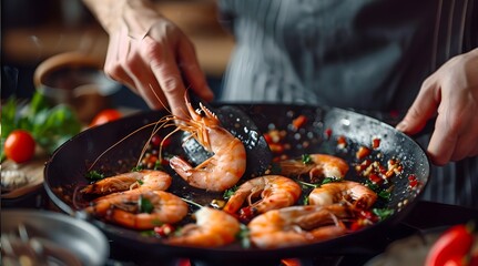 Seafood, Professional cook prepares shrimps with vegetables. Frost in the air, Cooking seafood, healthy vegetarian food.