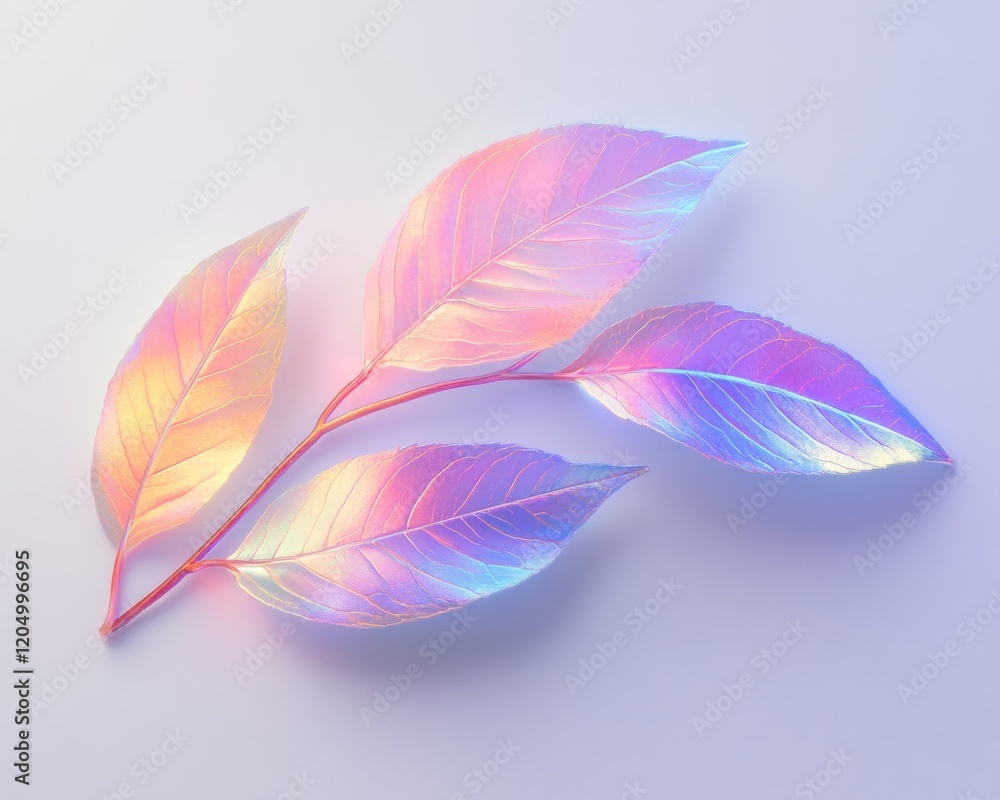 Poster minimal holographic leaf with sharp edges on a plain cyan background