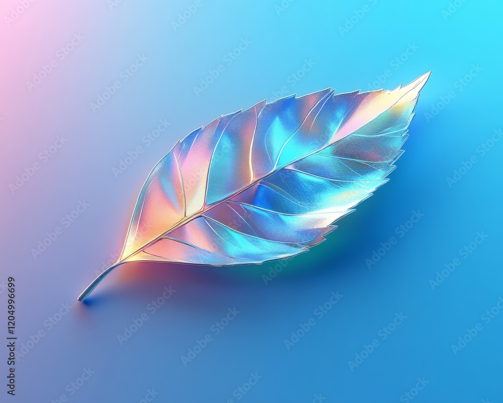 Poster minimal holographic leaf with sharp edges on a plain cyan background