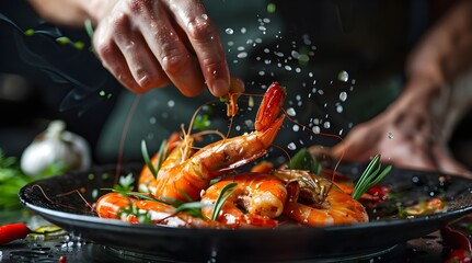 Seafood, Professional cook prepares shrimps with vegetables. Frost in the air, Cooking seafood, healthy vegetarian food.